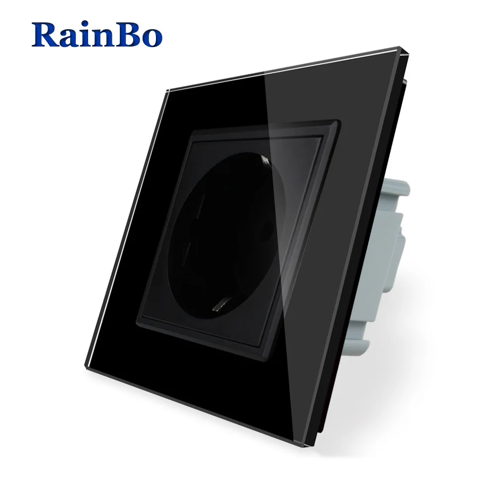 Rainbo ЕС розетки Стандартный Мощность Разъем Черный Кристалл Стекло Панель AC 110 ~ 250