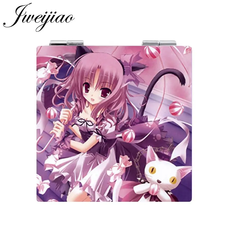 JWEIJIAO Cartoon Photo PU Leather Square Makeup Mirror Girl's Compact Folding Portable Pocket espejo | Красота и здоровье