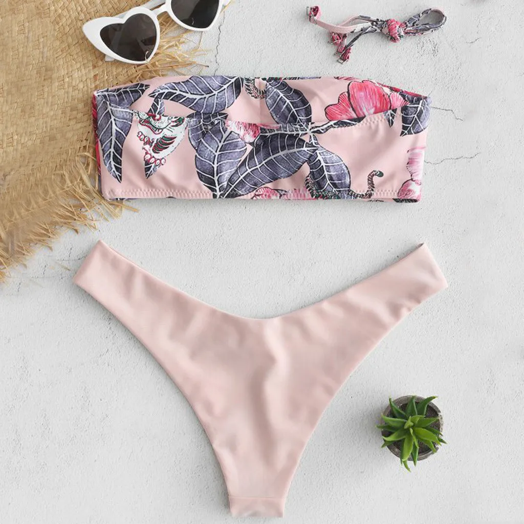 Женский купальник розовый бандо с высокой талией и пуш апом|Купальники| |