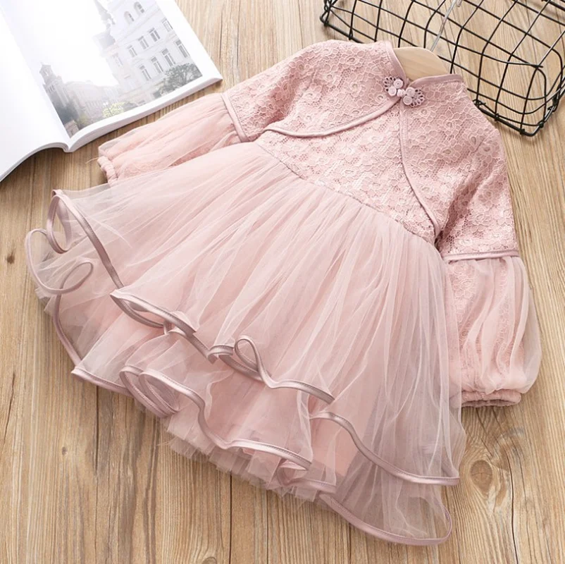 

Long Sleeve Princess Dresses Baby Girl Mesh Stitching Multi-layer Pink White Kids Clothes Girl Party Wedding Children Lace Dress