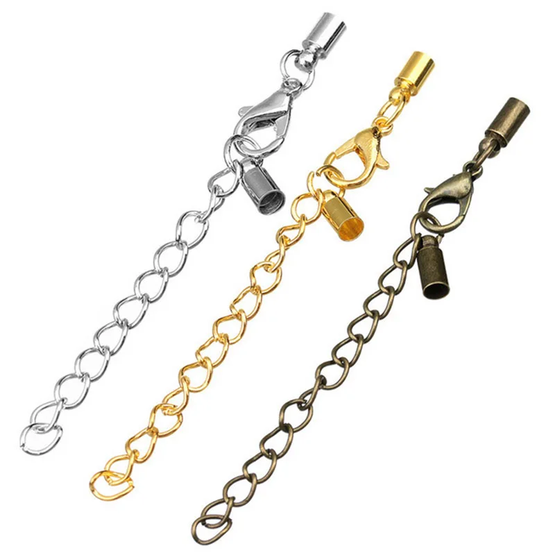 

20pcs/lot Hole size 3mm Round Leather Cord End Caps Clasps Extender Chain With Lobster Clasp For DIY Jewelry Marking Findings