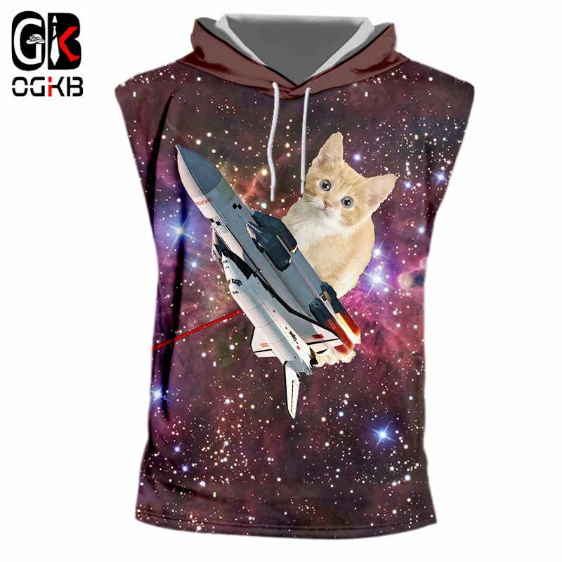 OGKB Летний жилет с капюшоном Забавный принт Галактический Космический Кот 3D майка