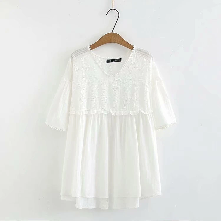 

Plus Size New White Women Summer Blouse Loose Embroidery Solid Color Tops
