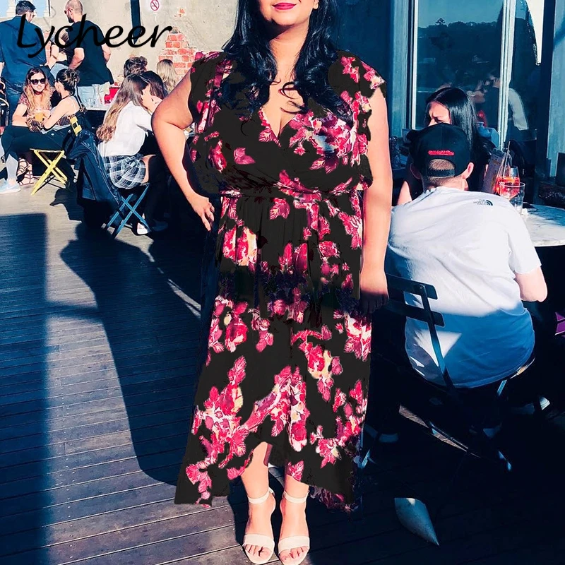 Женское платье с цветочным принтом Lycheer длинное макси оборками и рукавами