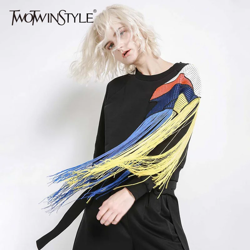 TWOTWINSTYLE Лоскутная сетчатая Толстовка для женщин с круглым вырезом и длинным