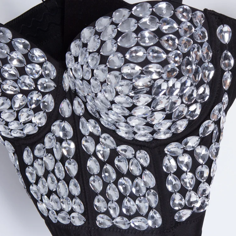 Summer Festival Party Club Stage Women Rhinestone Pearls Bustier Crop Top Bandage corset Off Shoulder Spaghetti Cropped Tee Slim
