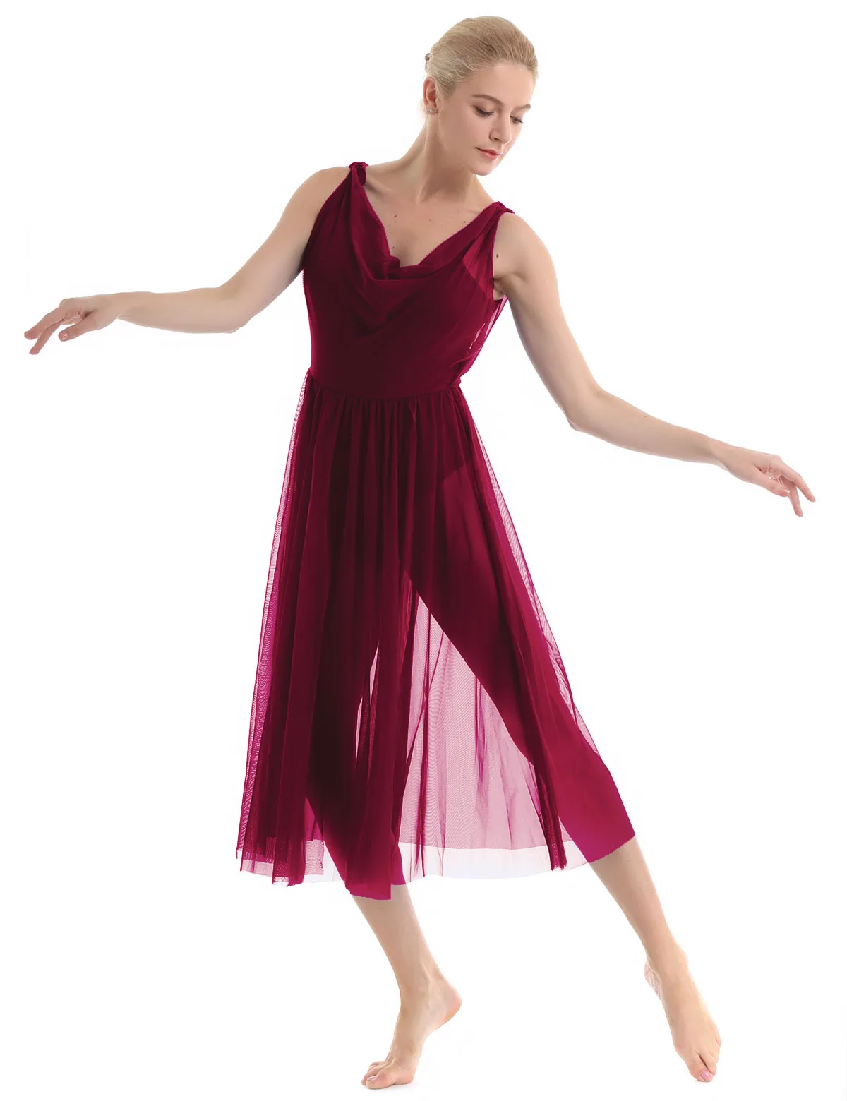 Wine Red ChicTry Модный женский сценический современный Лирический танцевальный костюм без рукавов, Сетчатое балетное платье, гимнастическое трико - Цвет: Wine Red