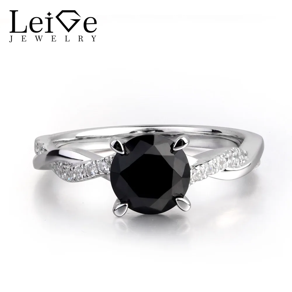 

Leige Jewelry Real Black Spinel Gemstone Round Cut Engagement Romantic Encircle Rings 925 Sterling Silver