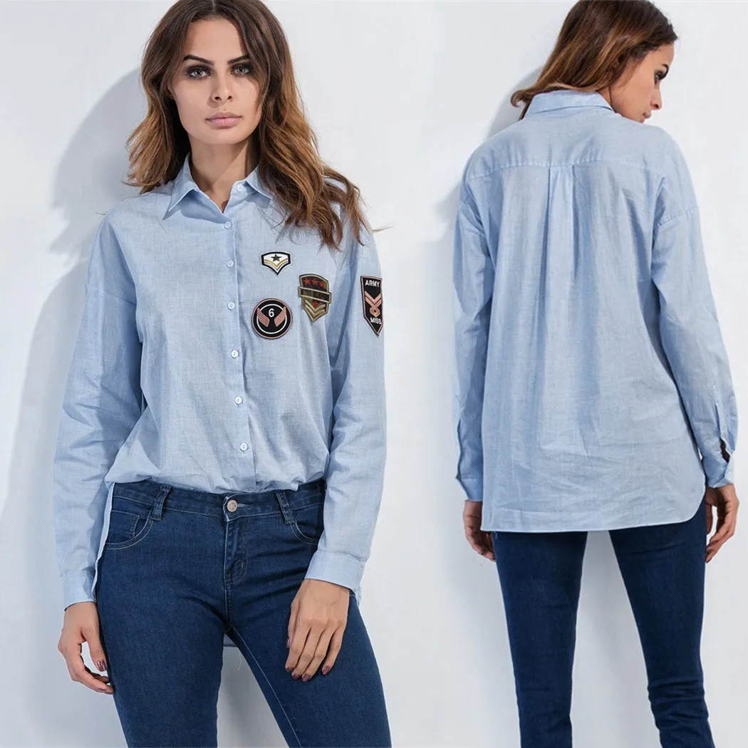 Для женщин блузка значок Декор Высокий Низкий Подол в синюю полоску с длинным