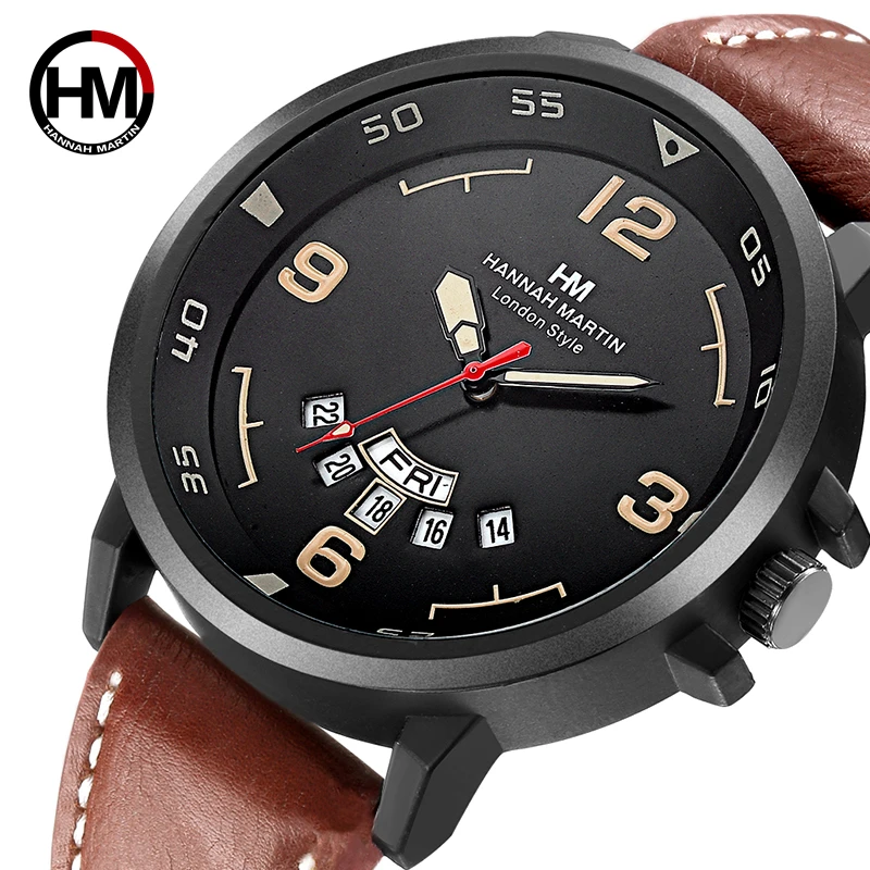 

Hannah Martin Military Watch Luxury Men's Watches Sport Quartz Wristwatch Waterproof Leather Strap reloj hombre Calendar Clock