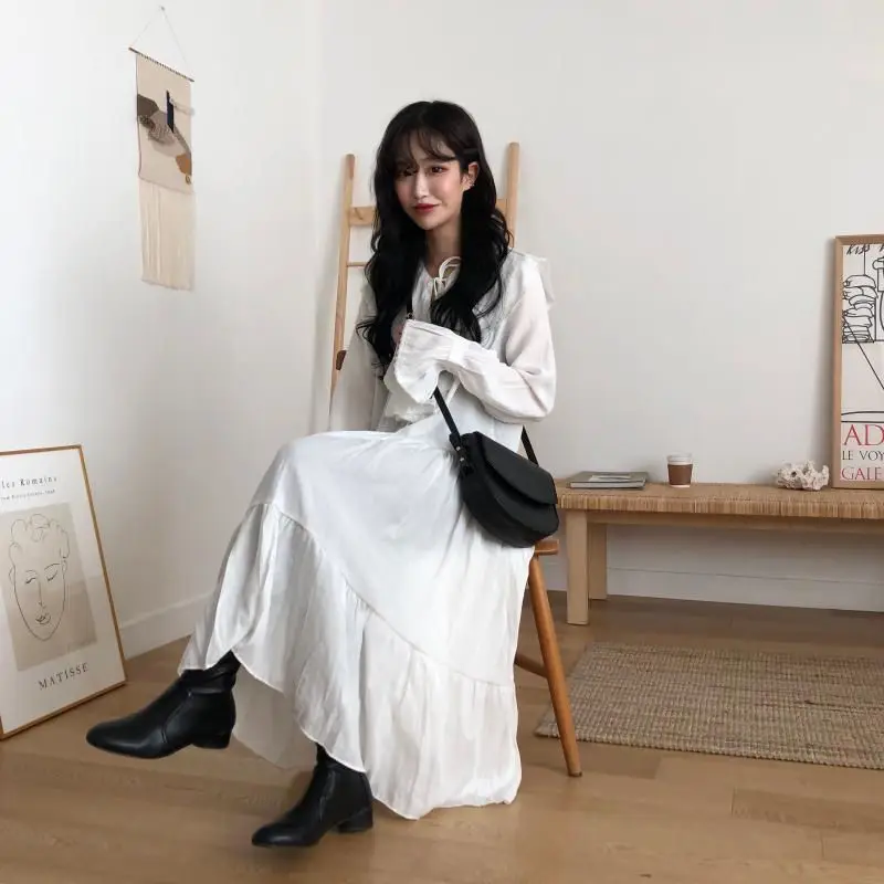 HziriP Women Sweet Dress 2019 New Spring Autumn Elegant Vintage Slim Ruffled Collar Long Sleeve Solid Color Preppy Style Dresses | Женская