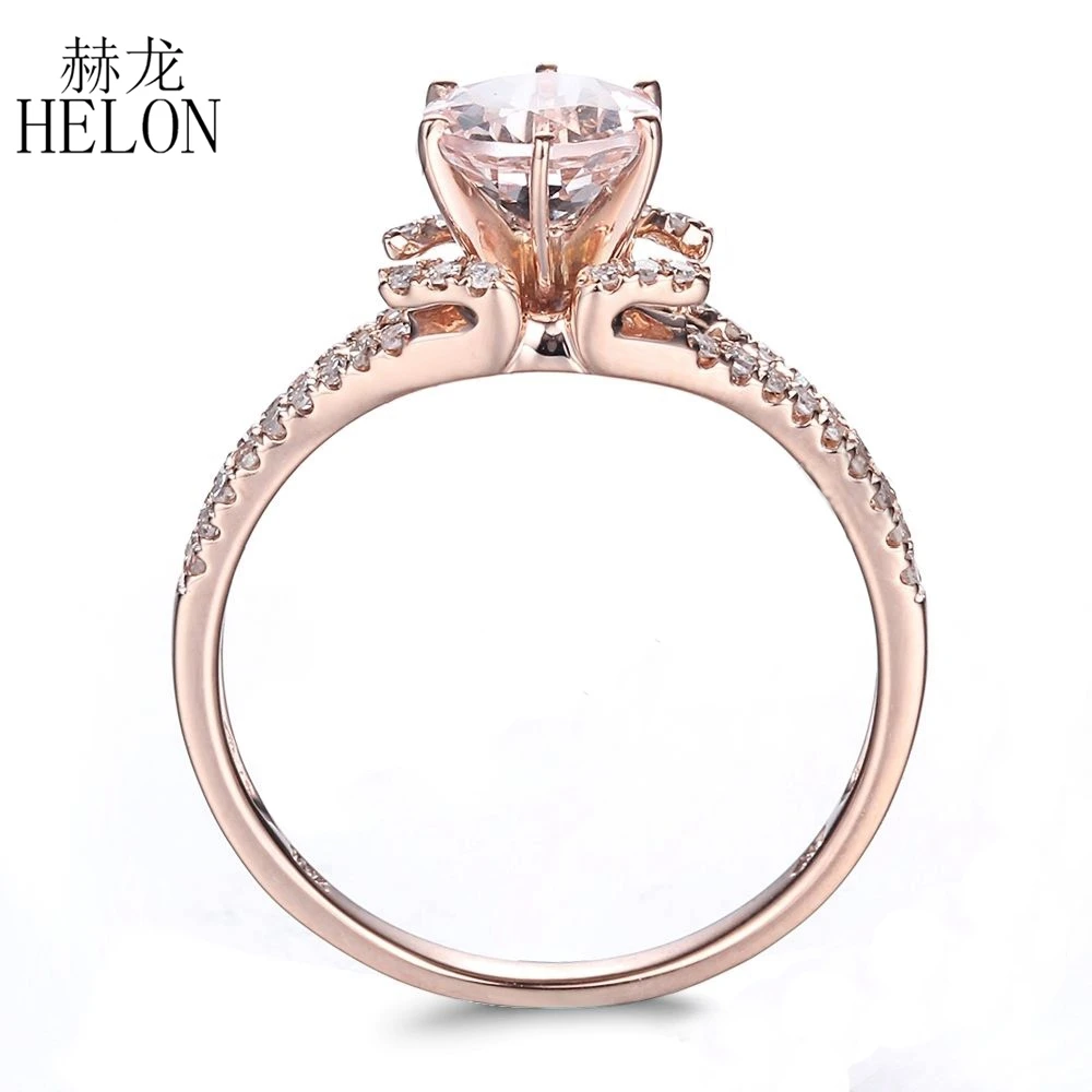 HELON Solid 14 к розовое золото; круг Cut натуральный морганит Очаровательная для женщин обручение кольцо природных алмазов Свадебная вечеринка ювелирные украшения