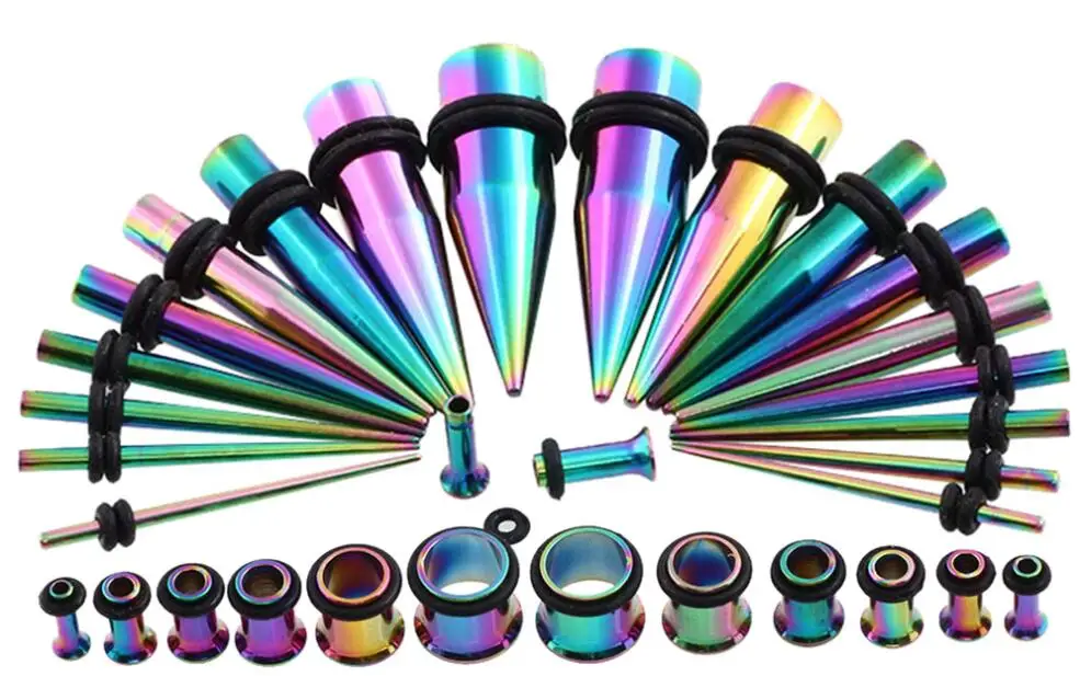 rainbow 36 шт./лот с однородным блеском TunnelEar конусные Ушные Тоннели, расширитель стрихер ушной гвоздик для козелка датчик пирсинга хрящей ювелирные изделия для тела - Окраска металла: rainbow