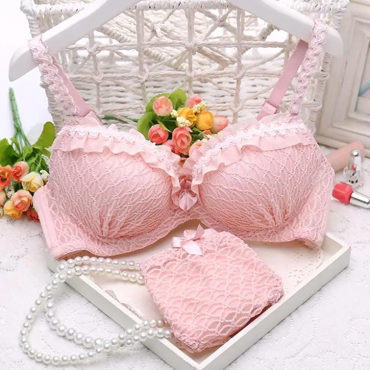 

2018 New Push Up Women Bra Set Cute 32 34 36 A B C Cup Young Girl Sexy Lace Cotton Bra Brief Underwear Lingerie Suits