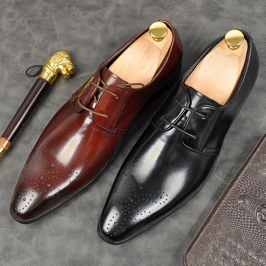 

2019 Fashion Handmade Formal Dress Men's Derby Carved Oxford Shoes Genuine Leather Pointed Toe Modern Party Flats AM278