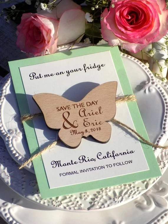 

personalize names date engraved Wooden Card save the date Wedding invitations Magnets, Custom Butterfly Wood Magnet