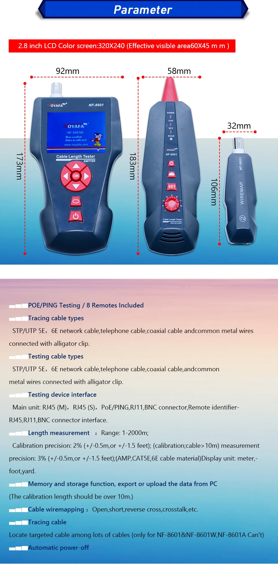 NF-8601W Многофункциональный тестер сетевого кабеля ЖК-тестер длины кабеля тестер точки останова английская версия NF_8601W