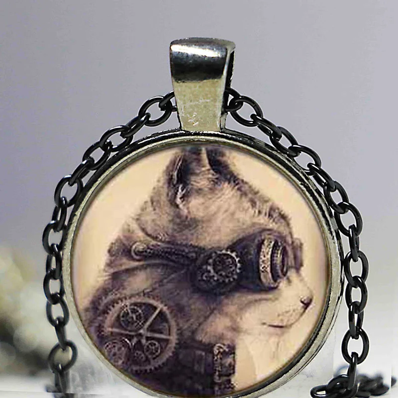 Механическая подвеска в стиле стимпанк с часами и котом из фильма США серебряная