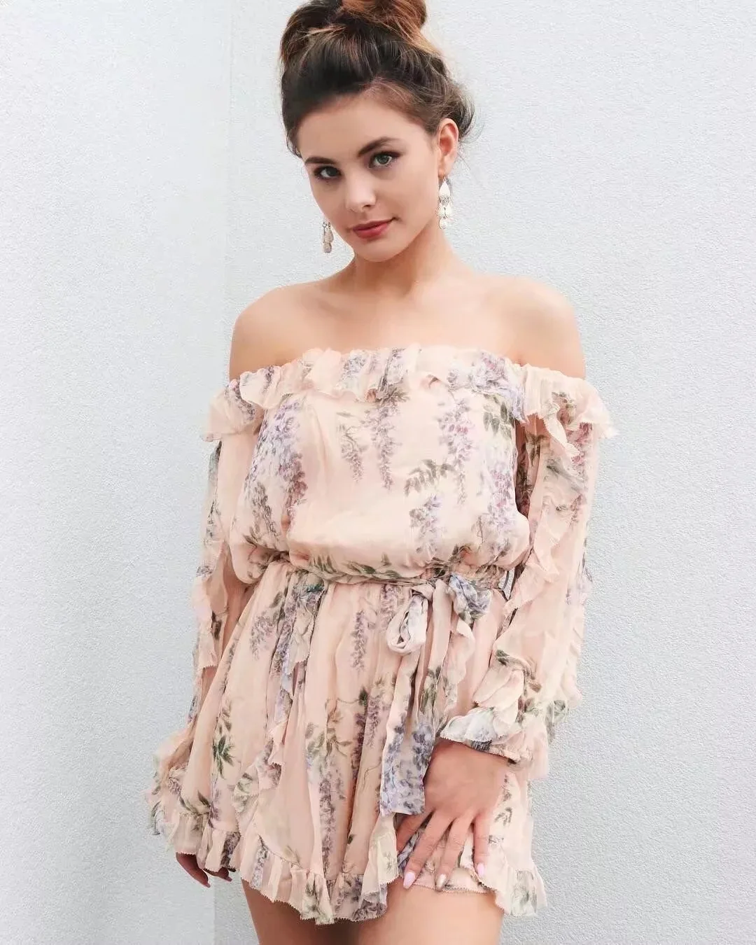 Женский шифоновый комбинезон с открытыми плечами цветочным принтом | Женская