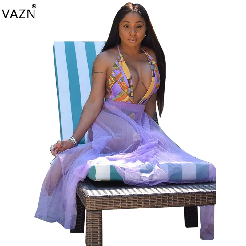 VAZN Summer New Sexy Style 2019 Women 2 Piece Set 1Piece Bodysuits Hollow Out Maxi Skirts Chiffon Beach SN3870 | Женская одежда