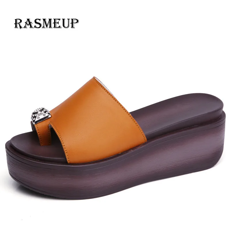 RASMEUP/женские вьетнамки из натуральной кожи на платформе; коллекция года; Модные женские пляжные шлепанцы на танкетке; женская летняя обувь на толстой подошве - Цвет: Orange