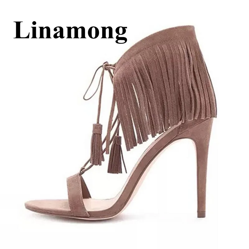 

Summer Newest Fashion Fringe Open Toe High Heel Lace Up Cover Heel Hottest Shoes Flock Solid Sexy Women Sandals Normal Sizee