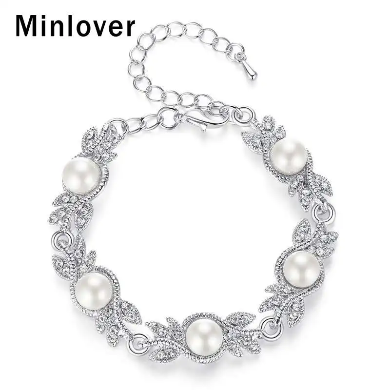 Minlover Elegant Simulation Pearl Flower Bracelet for Women Austrian Crystal Silver Color Bracelets Wedding Jewelry 2019 MSL197 | Украшения