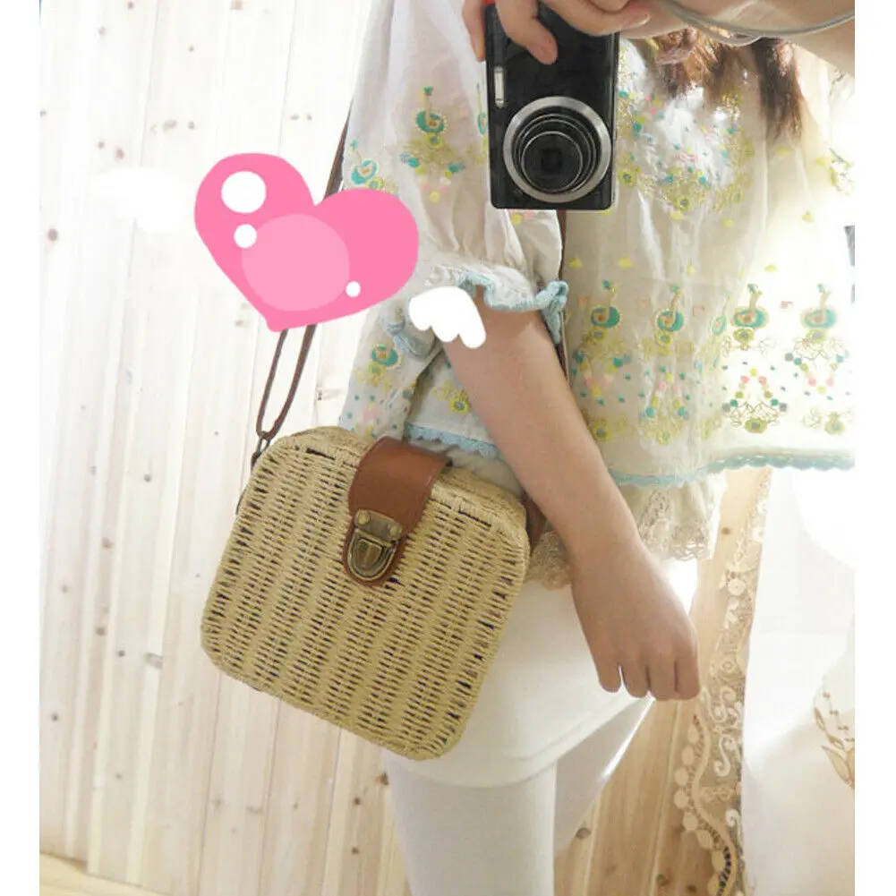 Женская Плетеная соломенная сумка из ротанга квадратная через плечо Пляжная