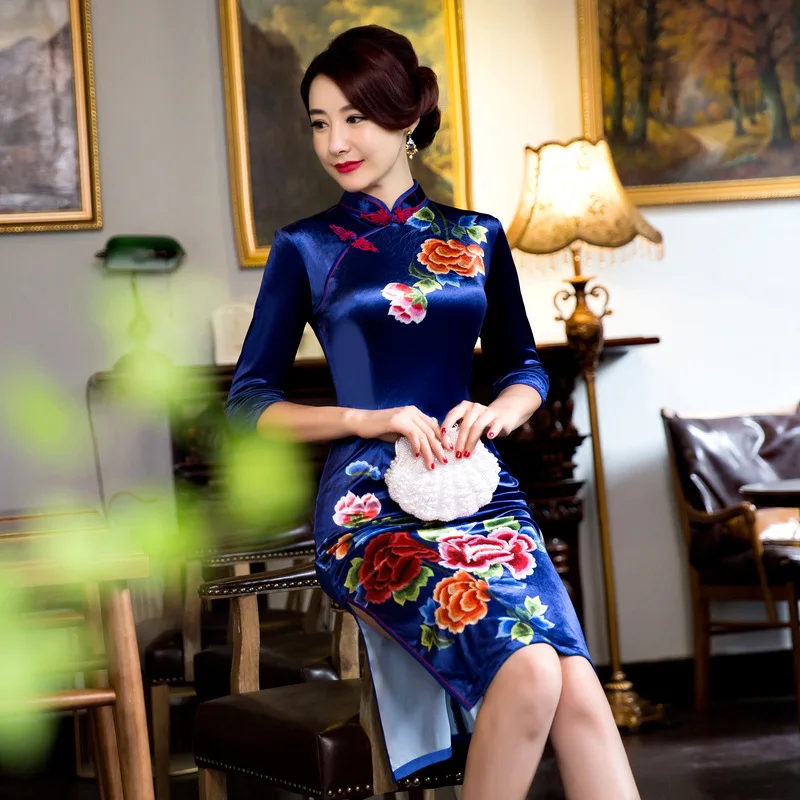 Chinese cheongsam short qipao velvet print slim vintage women oriental dresses tradicional party wedding Bride dresss M-XXXL |
