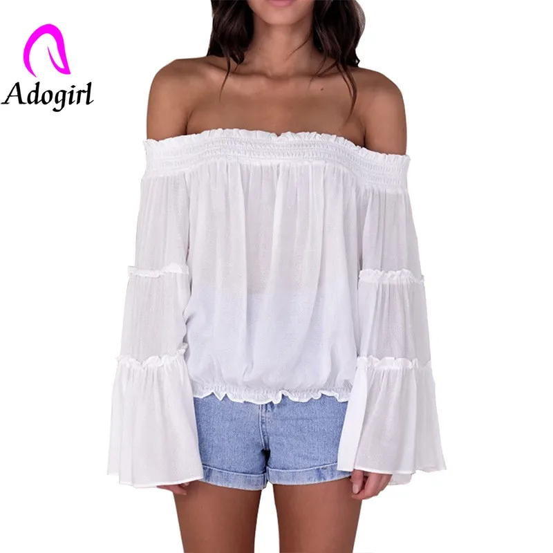 Adogirl/белые лоскутные рубашки с расклешенными рукавами вырезом лодочкой и