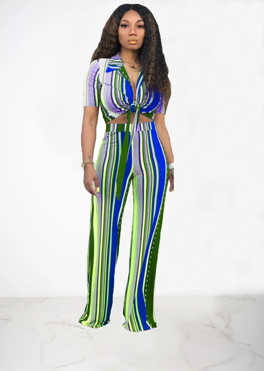 

Fashion Short Turn-Dow Collar Striped Bandage Crop Top With Loose Pants Women Two Piece Suits Casual Tracksuit Matching Set