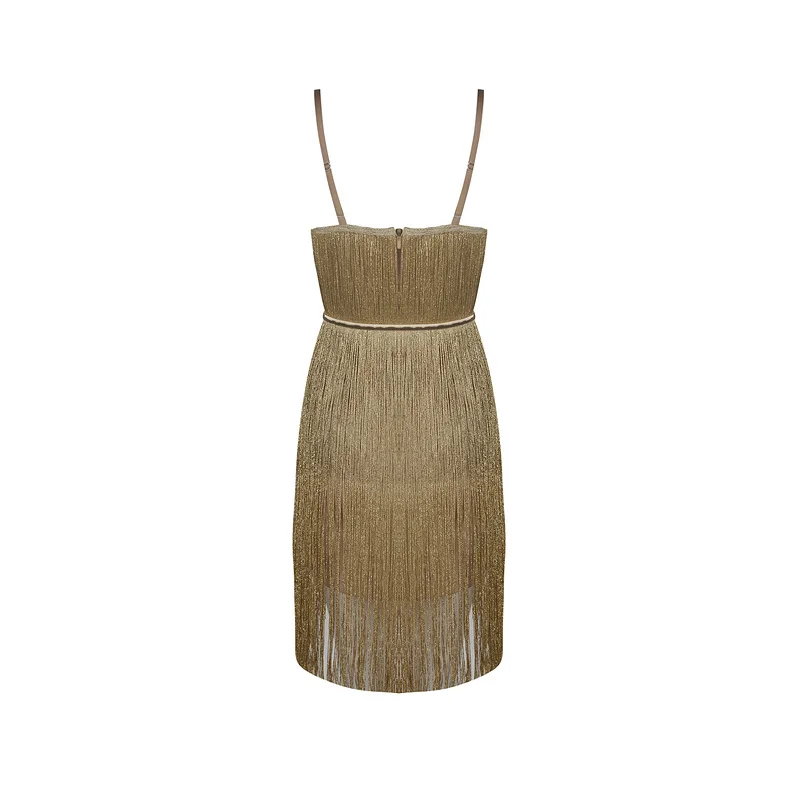Women Outfits Club Night Out Party Square Neck Belt Outlet Sexy Spaghetti Strap Mini Tassel Bandage Waistband Gold Fringe Dress | Женская