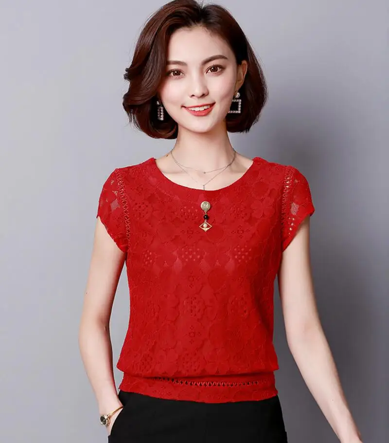 Blusas Mujer De Moda, летняя женская кружевная блузка с коротким рукавом, модные женские рубашки размера плюс, Женские топы и блузки размера s 3XL