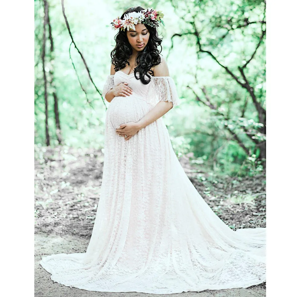 Maternity Clothes Dress Cotton Pregnancy Floral Lace Short Sleeve Photography Fly Sleeves Off Shoulder Long F509 | Мать и ребенок