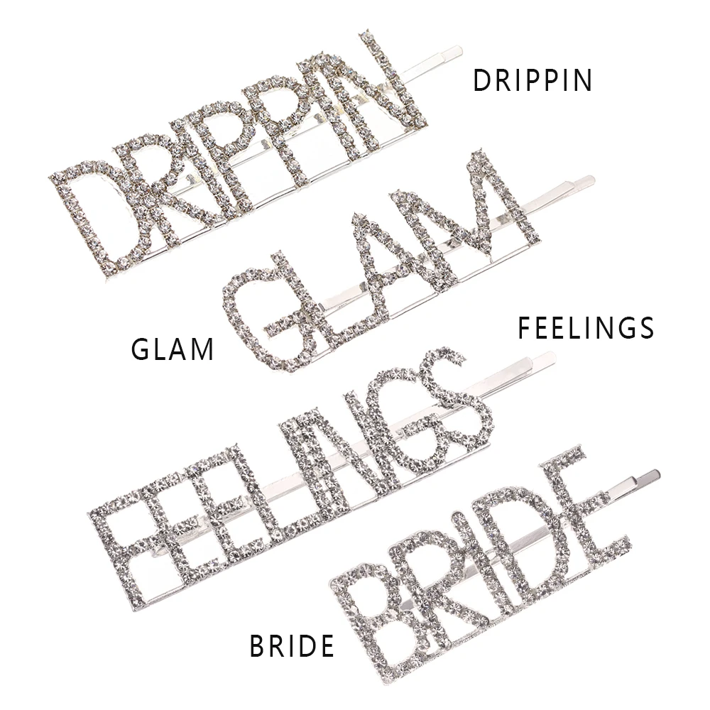 Fashion Crystal Hairpin Shiny Rhinestones GLAM DRIPPIN Letters Hair Clips Hair Accessories for Women Girls