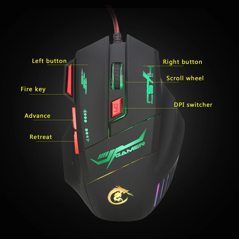 

Wired USB Optical Gaming Mouse 7 bright colors LED backlit ergonomics Pro 5500DPI Transformer for pc computer