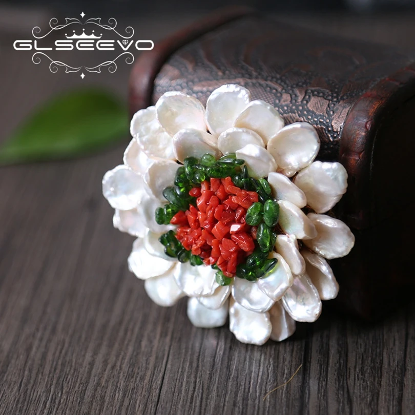 GLSEEVO Natural Fresh Water Baroque Pearl Flower Brooch Pin Peridot Coral Brooches For Women Dual Use Luxury Fine Jewelry GO0181 | Украшения