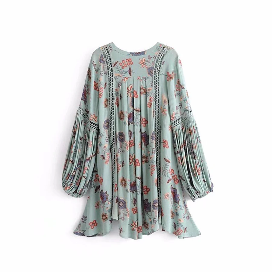 Мини-платье Boho 2018 Новый Урожай Цветочные печати Короткие платья v-образным