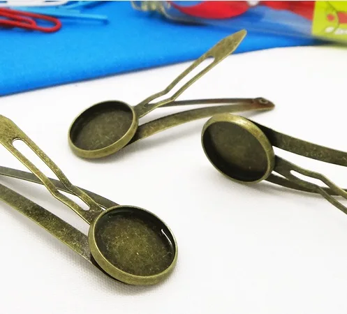 

200pcs with Inner 12/14mm Hair Jewelry Findings Antique Bronze Hair Clip Base Cameo Bezel Setting Tray for Glass Cabochons