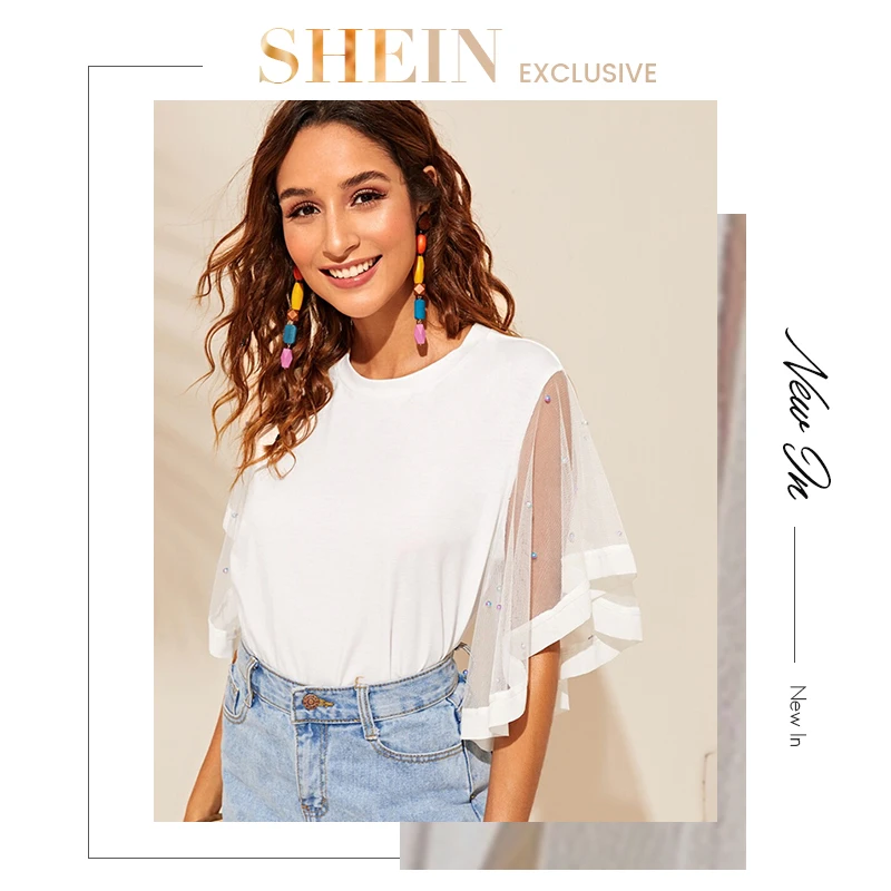 SHEIN Женская Футболка с рукавами-крылышками и жемчужинами, белая однотонная Элегантная футболка с коротким рукавом и круглым вырезом, летние топы