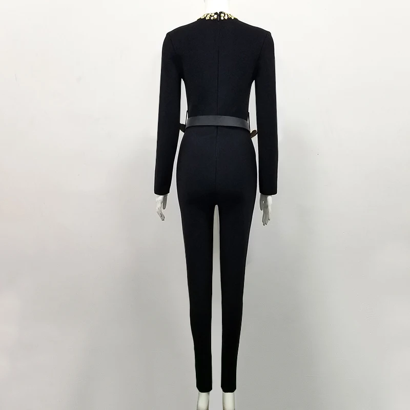 

Bandage Jumpsuit Fashion Celebrity Night Club Party Long Sleeve Bodycon Black Sexy Jumpsuit Rayon