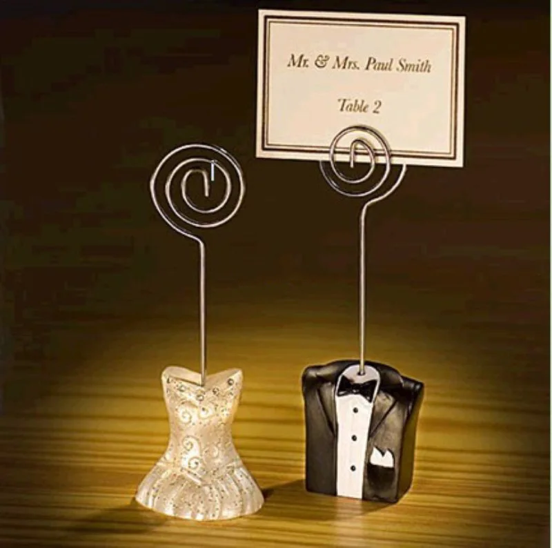 

wedding favor place card holder--Tuxedo and Gown Wire Table Number Memo Photo Clip Party Decoration 100pcs/lot