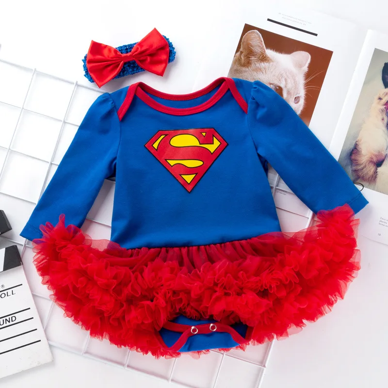 Рождественское платье Белоснежки платье Эльзы для маленьких девочек Комбинезон СУПЕРМЕНА для новорожденных детей+ короткое платье-пачка Детский комплект для девочек+ Кружевная повязка для девочки