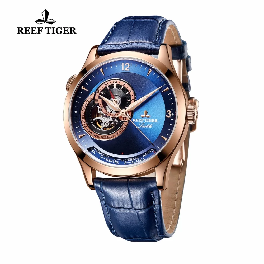Повседневные водонепроницаемые часы Reef Tiger/RT цвета розового золота с синим