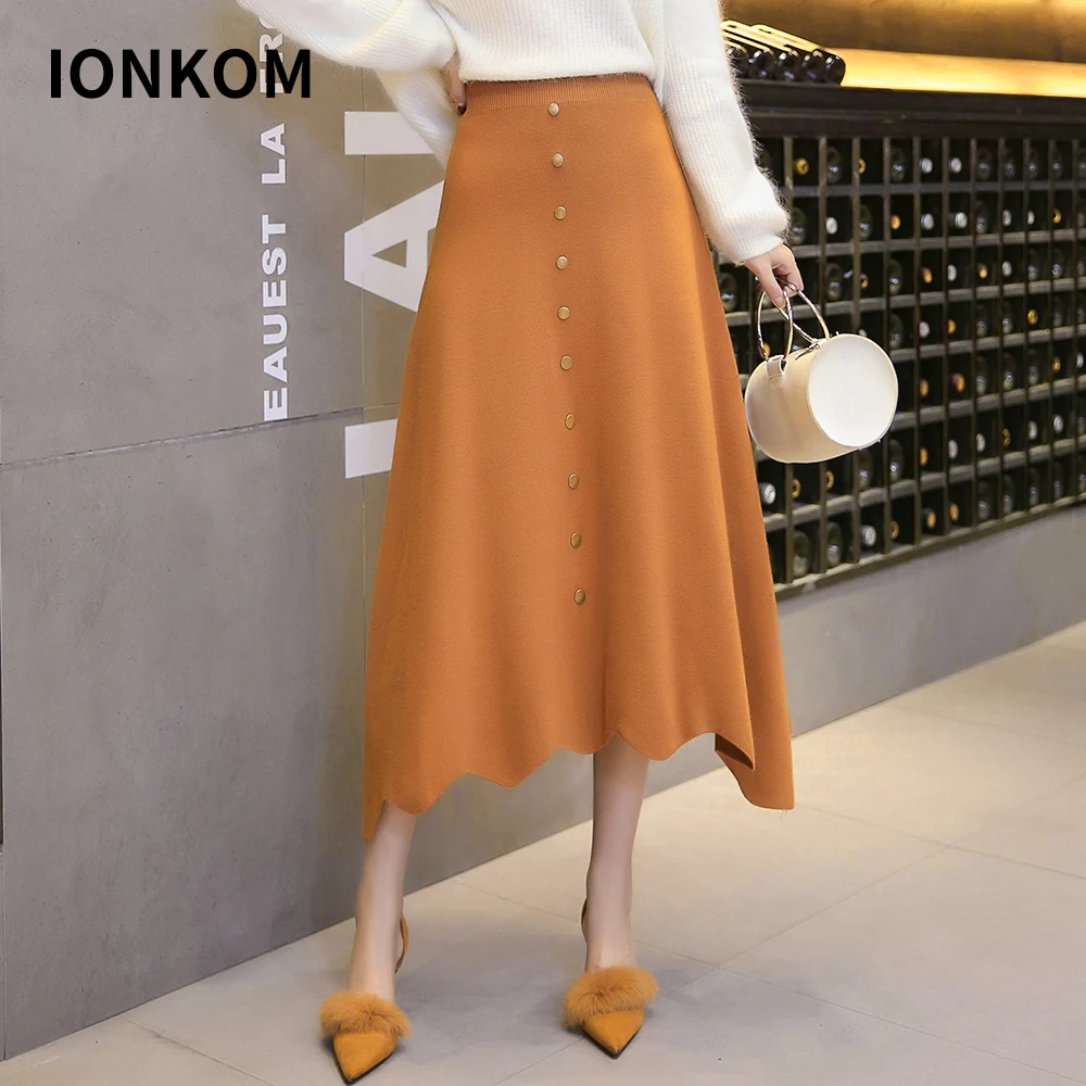 IONKOM Elegant Office Ladies High Elastic Waist Skirt Button Fly Irregular Hem Autumn Skirts Womens A Line Knitted Midi | Женская одежда
