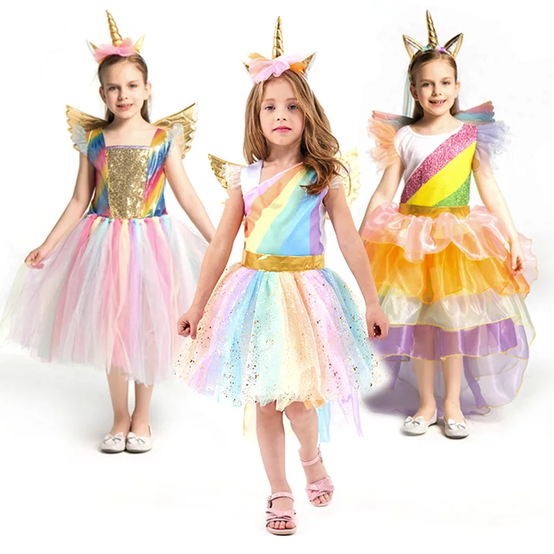 Kids Rainbow Unicorn Dress for Girls Toddler Cosplay Costume Children Princess Hair Hoop Wing Set Halloween Frocks | Детская одежда и