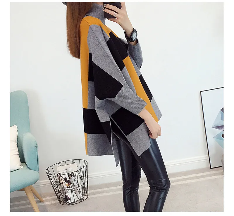 Korobov Plaid Panelled Turtleneck Capes Women Sweater Batwing Sleeve Loose Sueter Mujer Ponchos Autumn New Pullovers 51251