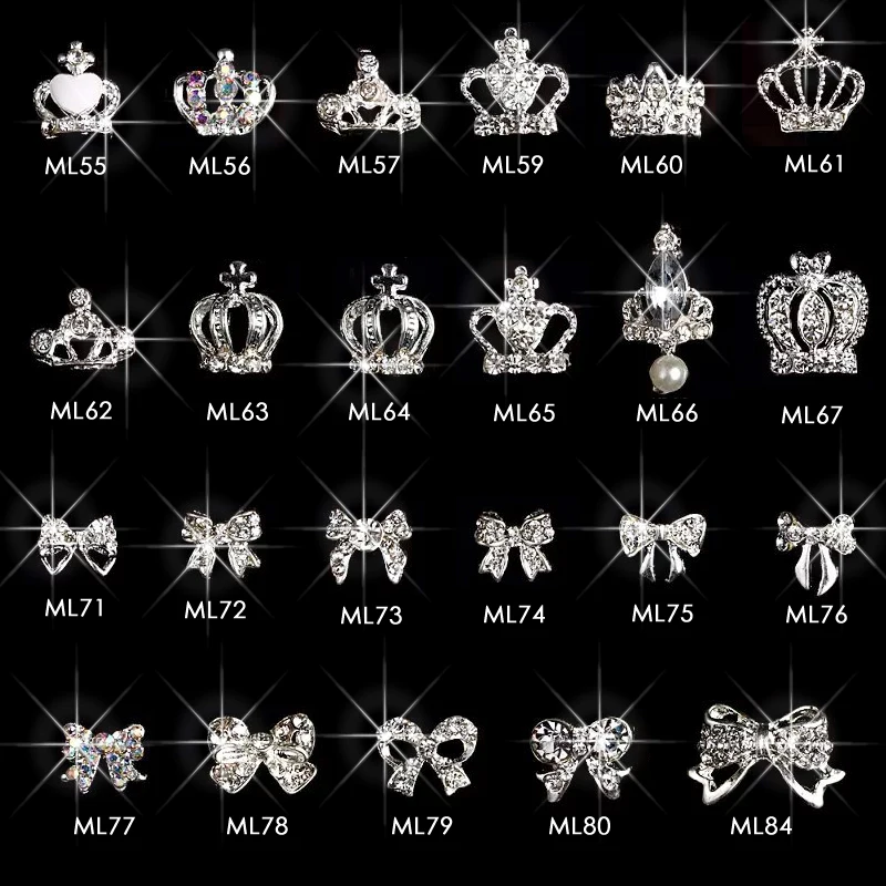 

100pcs silver crown & bows rhinestone nail design alloy 3d DIY Crown nail art supplies pendant decorations accessories ML55-84
