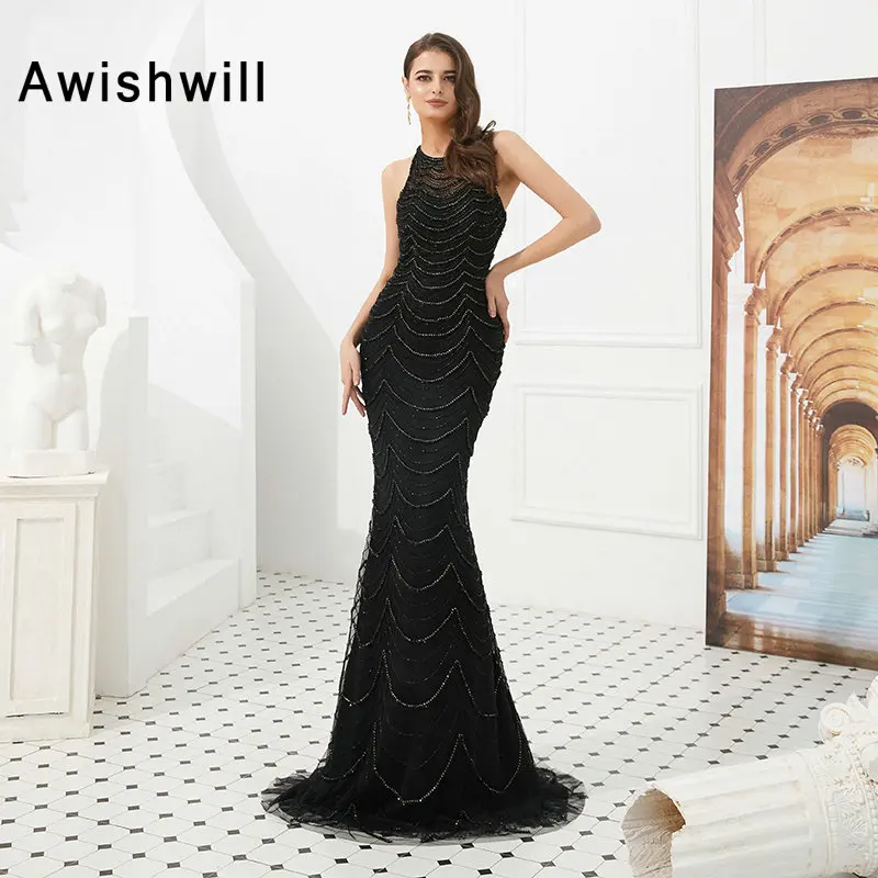 2020 Long Mermaid Prom Dresses Black Sleeveless Fully Beadings Sexy Prom Gowns Dubai Formal Evening Party Dress Vestido De Festa
