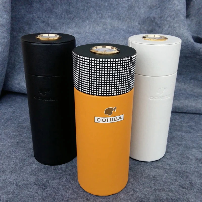 COHIBA 3 цвета кожа сигары чехол Дерево кедра с подкладкой трубки Мини Путешествия Humidor коробка с длинным увлажнитель гигрометр